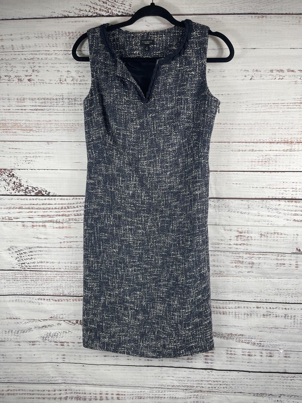 Talbots Dress Women's 4 Blue White Tweed Boucle Sheath Braided Neck Lined V Neck